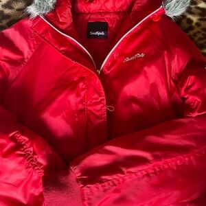 South Pole Women's Vibrant Red Puffer Jacket with Faux Fur Trim